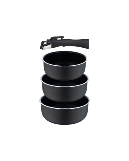 3 cazos 16/18/20 cm negro mate + mango extraible